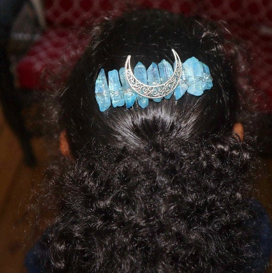 Blue Aura Quartz Moon Hair Comb, Crystal Hair Clip, Hair Accessories, Crystal Tiara