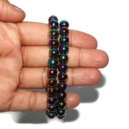 Rainbow Hematite Bracelet, Minimalist Beaded Stretch Bracelet Jewelry, Handmade Round Gem Bracelet, Unique Bead Jewelry, Rainbow Bracelet
