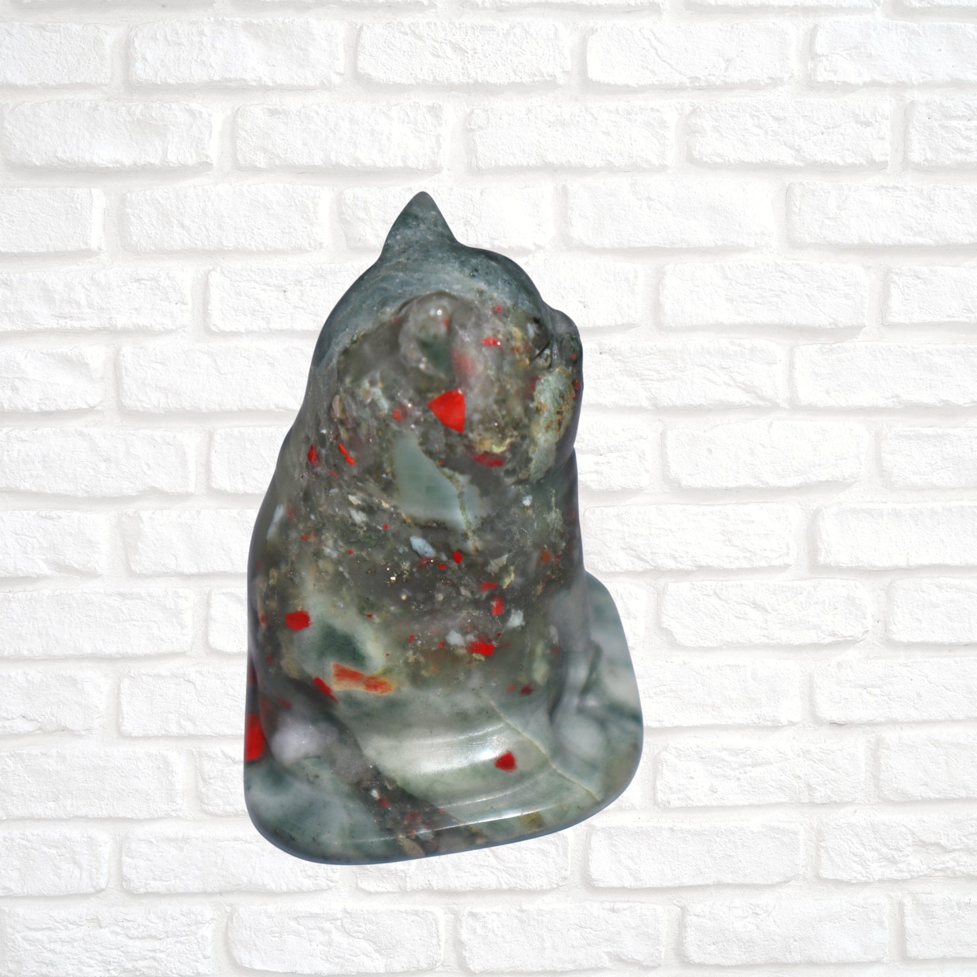 African Bloodstone Cat Carving, Crystal Cat Figurine