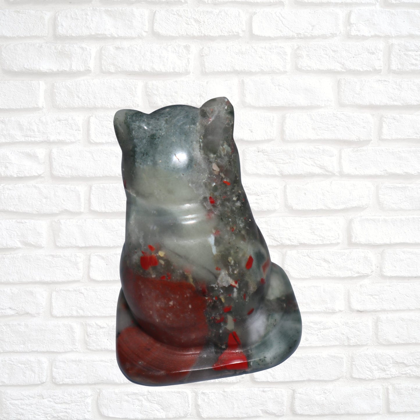 African Bloodstone Cat Carving, Crystal Cat Figurine