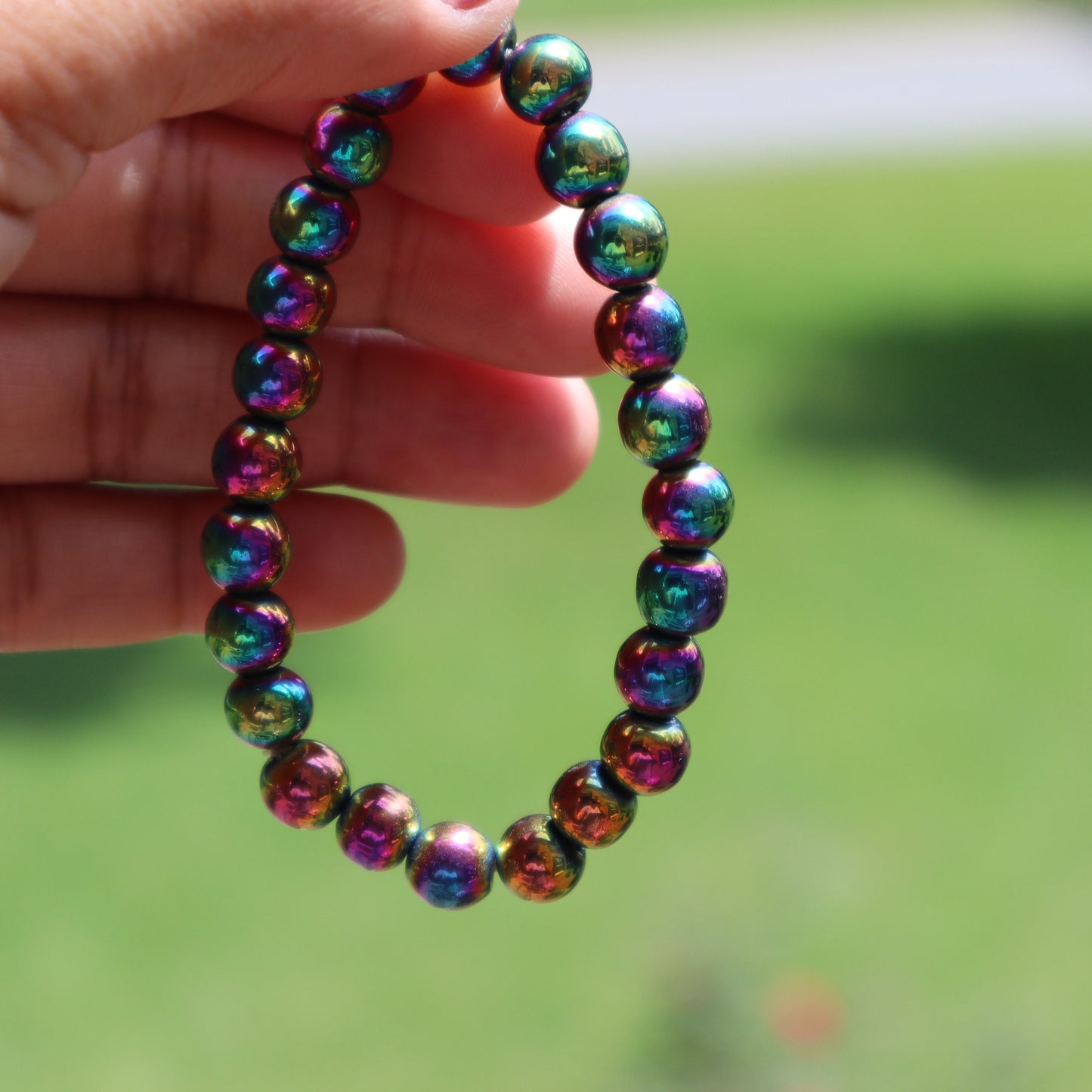Rainbow Hematite Bracelet, Minimalist Beaded Stretch Bracelet Jewelry, Handmade Round Gem Bracelet, Unique Bead Jewelry, Rainbow Bracelet