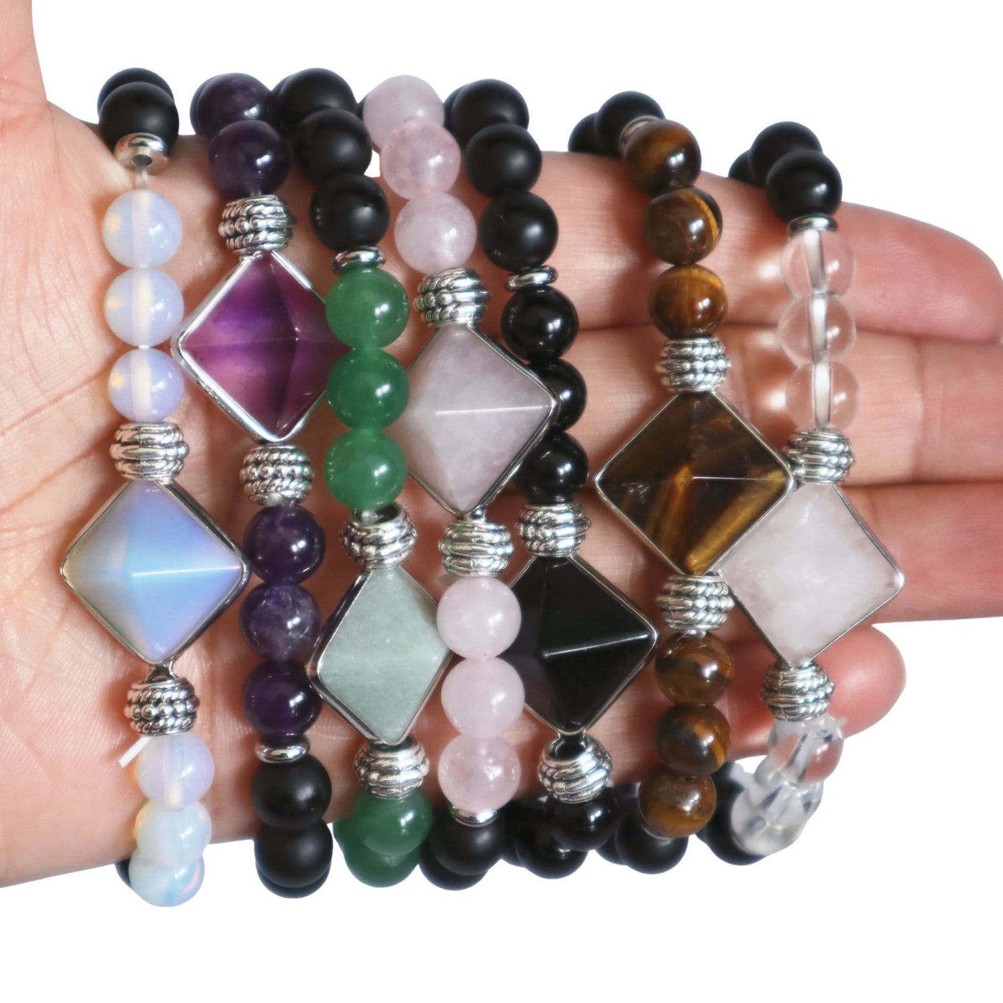 Chakra Bracelet with Pyramid Stone, Crystal Bracelet, Clear Quartz, Amethyst, Green Aventurine, Rose Quartz, Obsidian, Tigers Eye, Opalite