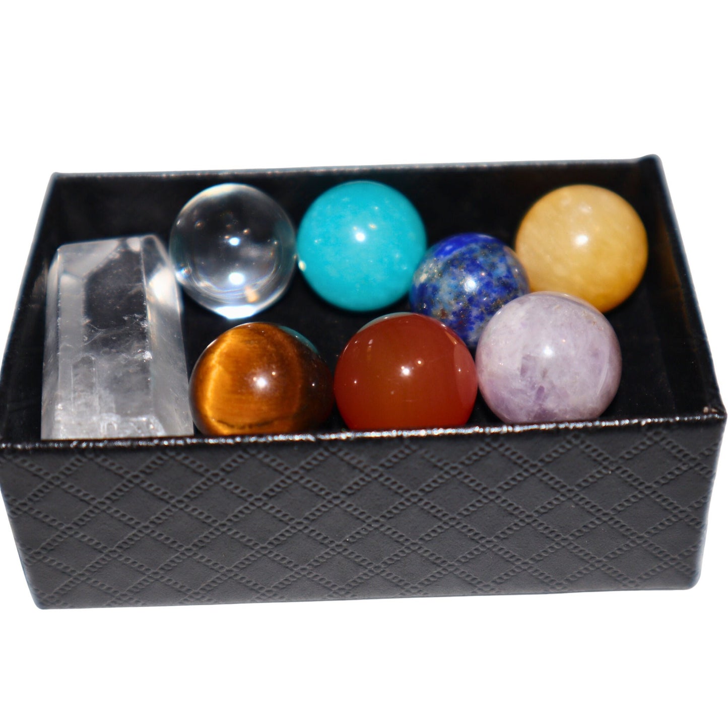BEGINNER CRYSTAL SET, Chakra Crystal Set, Crystal Collection, 8 Pieces Chakra Set Includes 7 Mini Marble Spheres and 1 Clear Quartz Point