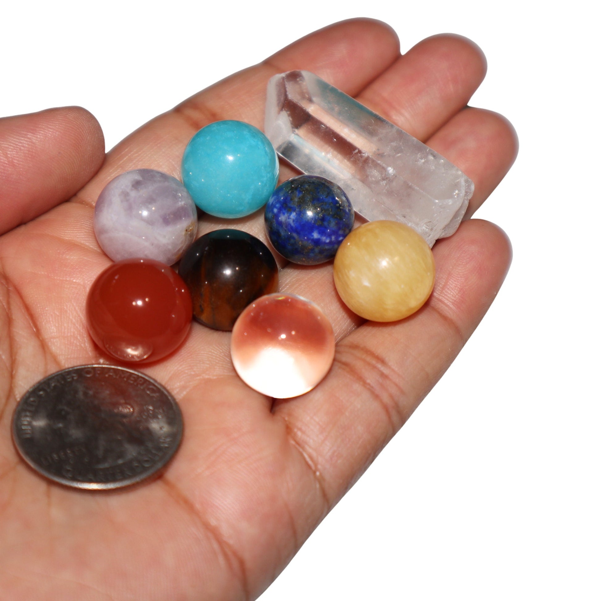 BEGINNER CRYSTAL SET, Chakra Crystal Set, Crystal Collection, 8 Pieces Chakra Set Includes 7 Mini Marble Spheres and 1 Clear Quartz Point
