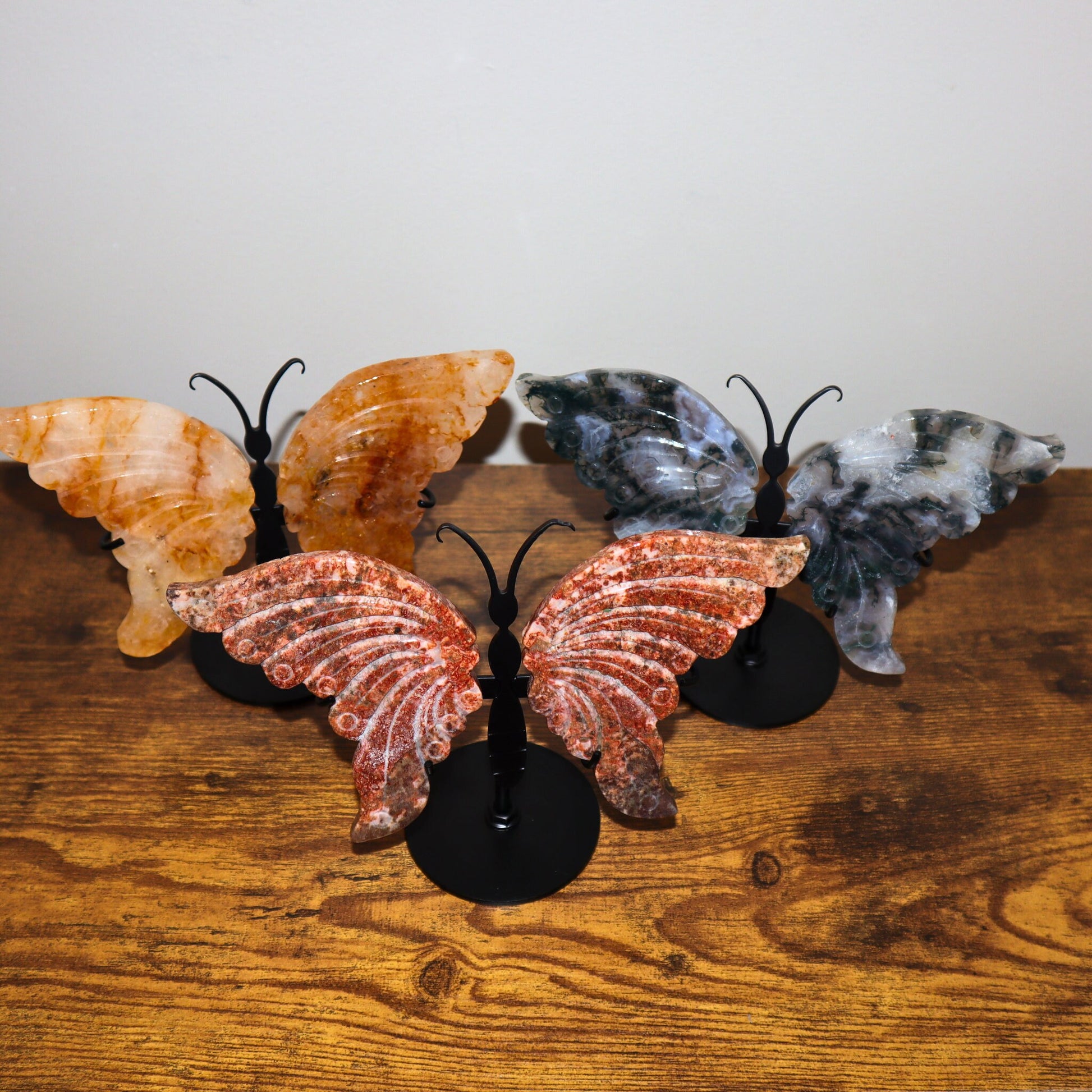 Crystal Butterfly Wings with Stand, Moss Agate Wings, Agate Butterfly Wings, Golden Healer Wings, Natural Crystal Carving, Butterfly Wings