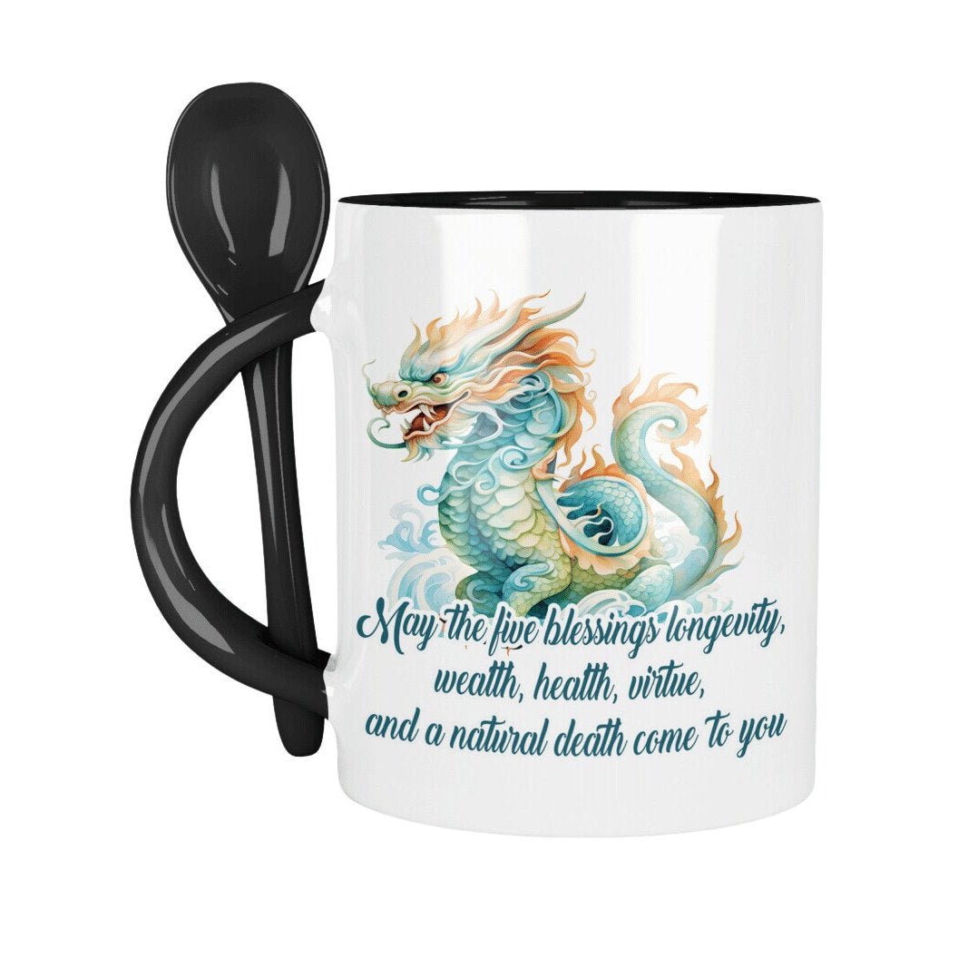 Chinese New Year 2024 Coffee Mug - 11oz White Cup with Red Interior, Handle, and Spoon - Year of the Dragon - Unique Lunar New Year Gift