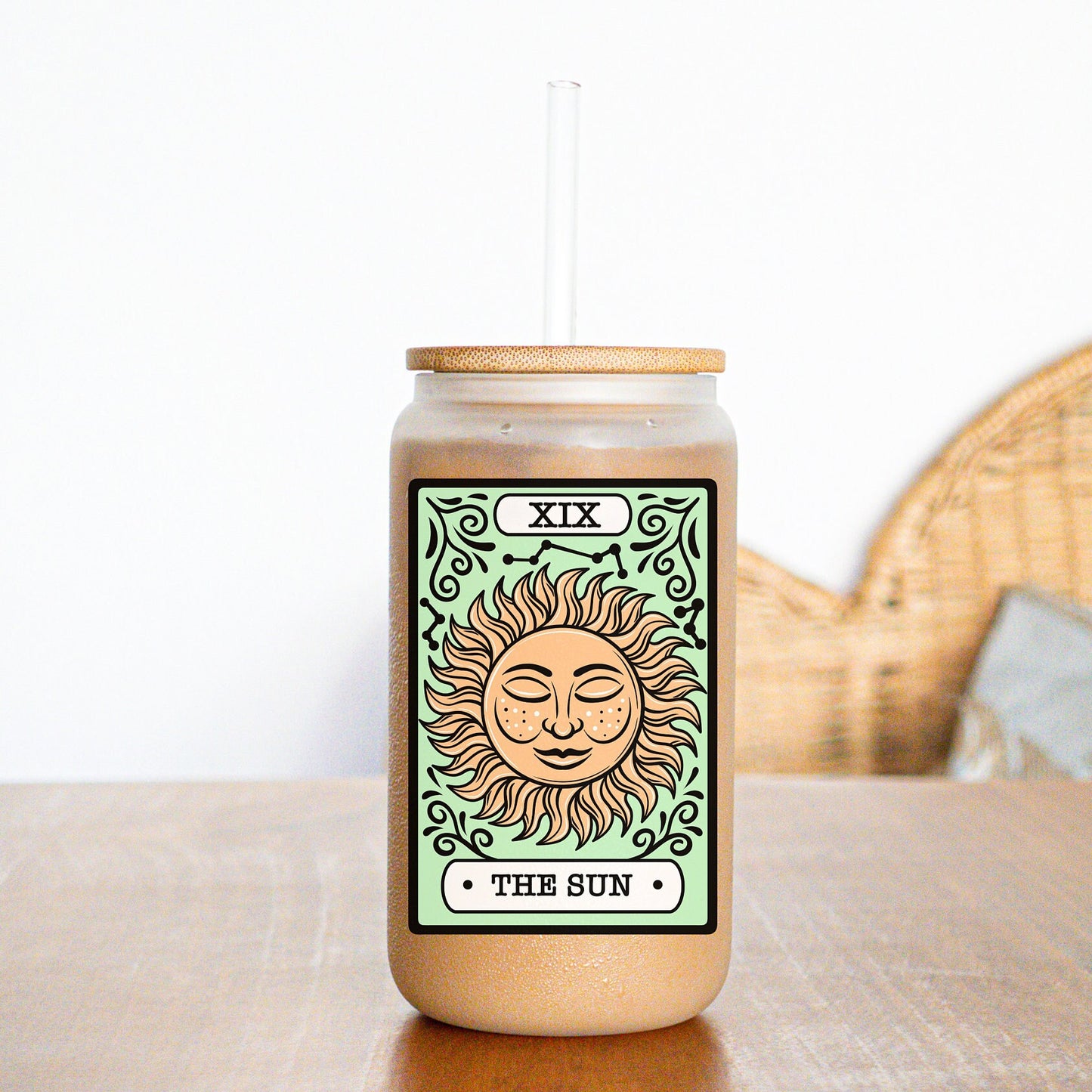 Sun Card on 16oz Frosted Libby Glass, Frosted Libby Glass with Sun Tarot Sublimation Tumbler